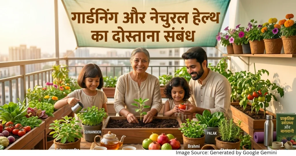“गार्डनिंग और नेचुरल हेल्थ के संबंध को दर्शाती रियलिस्टिक फीचर्ड इमेज”