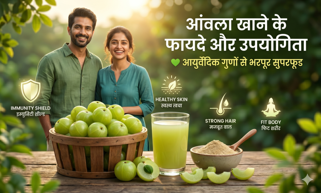 ताजे आंवले, आंवला जूस और स्वस्थ जीवनशैली को दर्शाती फीचर्ड इमेज।
