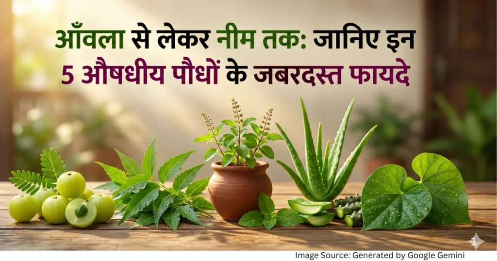 घर के आंगन में रखे आँवला, नीम, तुलसी, एलोवेरा और गिलोय के औषधीय पौधे