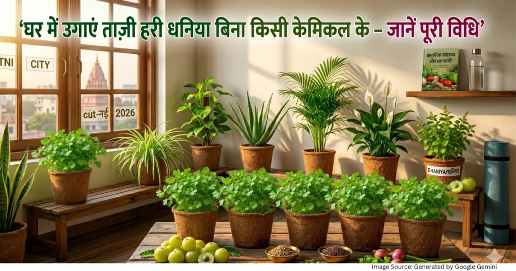 “देसी भारतीय रसोई में उगी ताज़ी हरी धनिया को दर्शाती रियलिस्टिक गार्डनिंग फीचर्ड इमेज”