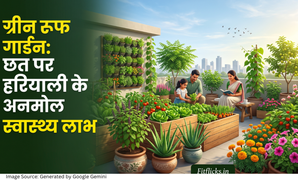हरी-भरी छत पर बना ग्रीन रूफ गार्डन जिसमें सब्जियां, औषधीय पौधे, फूल और प्राकृतिक वातावरण दिखाई दे रहा है।