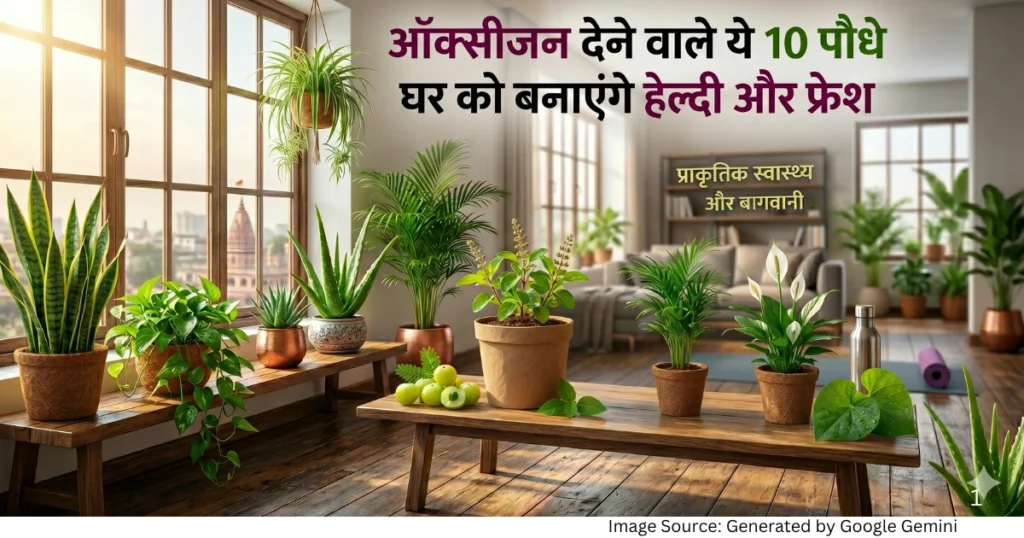 “घर के अंदर रखे ऑक्सीजन देने वाले हरे-भरे पौधों को दर्शाती सिनेमैटिक फीचर्ड इमेज”