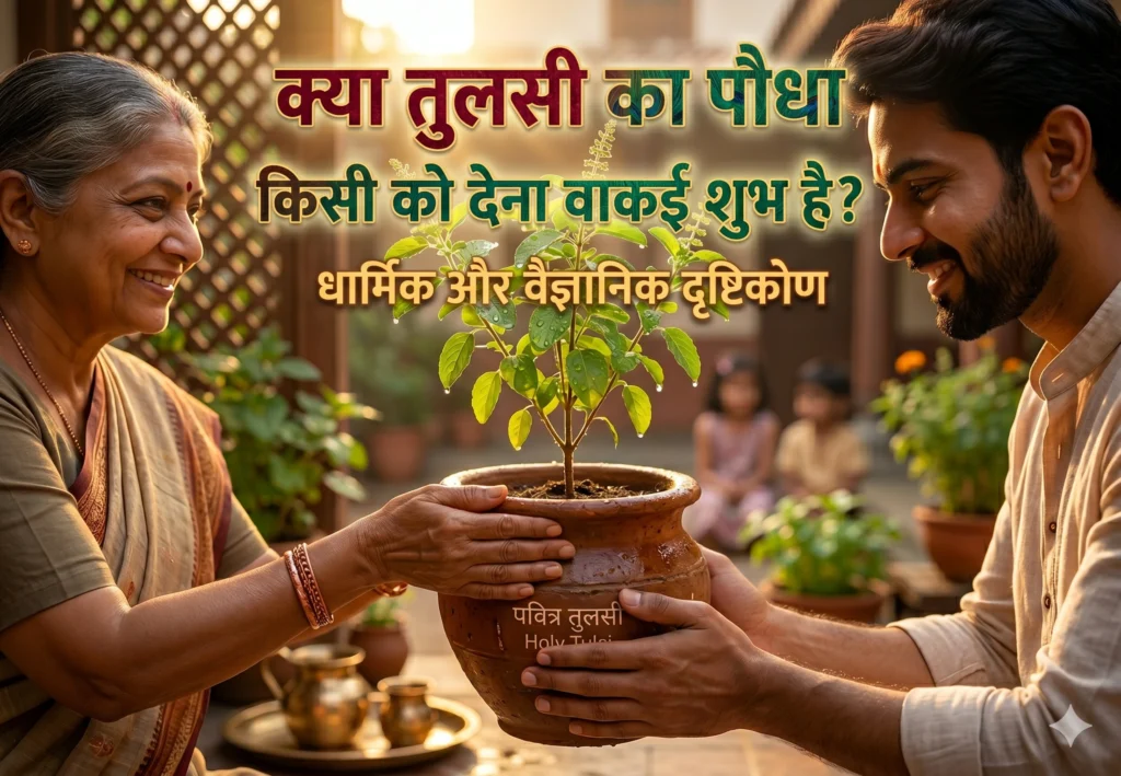 “सुबह की सुनहरी रोशनी में किसी को तुलसी का पौधा उपहार में देते हुए भारतीय घरेलू दृश्य”