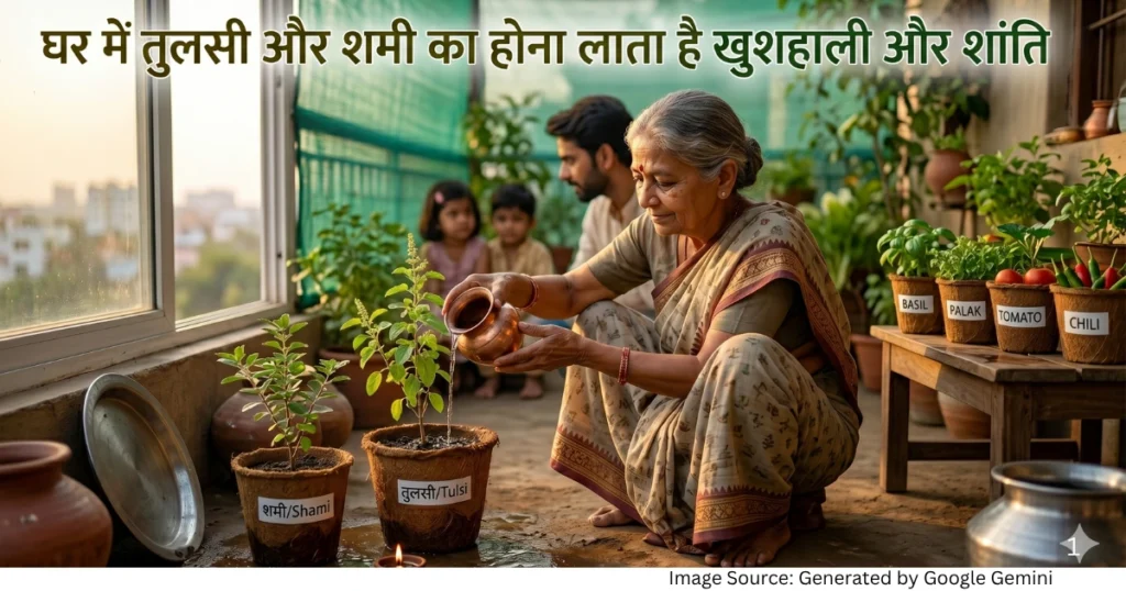 “भारतीय घर के आंगन में तुलसी और शमी के पौधों के साथ शांत वातावरण को दर्शाती रियलिस्टिक फीचर्ड इमेज”