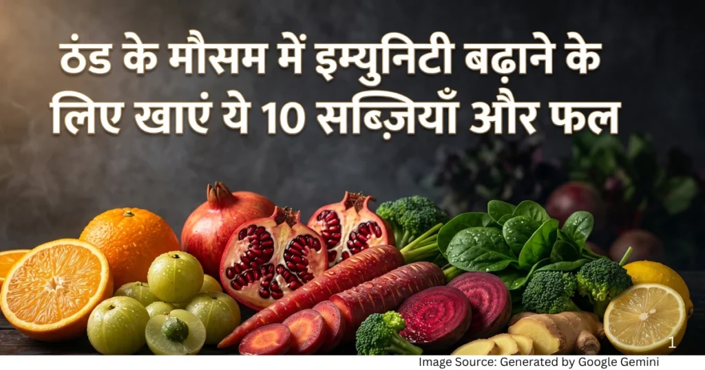 “डार्क बैकग्राउंड पर रखे इम्युनिटी बढ़ाने वाले ताजे फल और सब्ज़ियों की सिनेमैटिक हेल्थ इमेज”