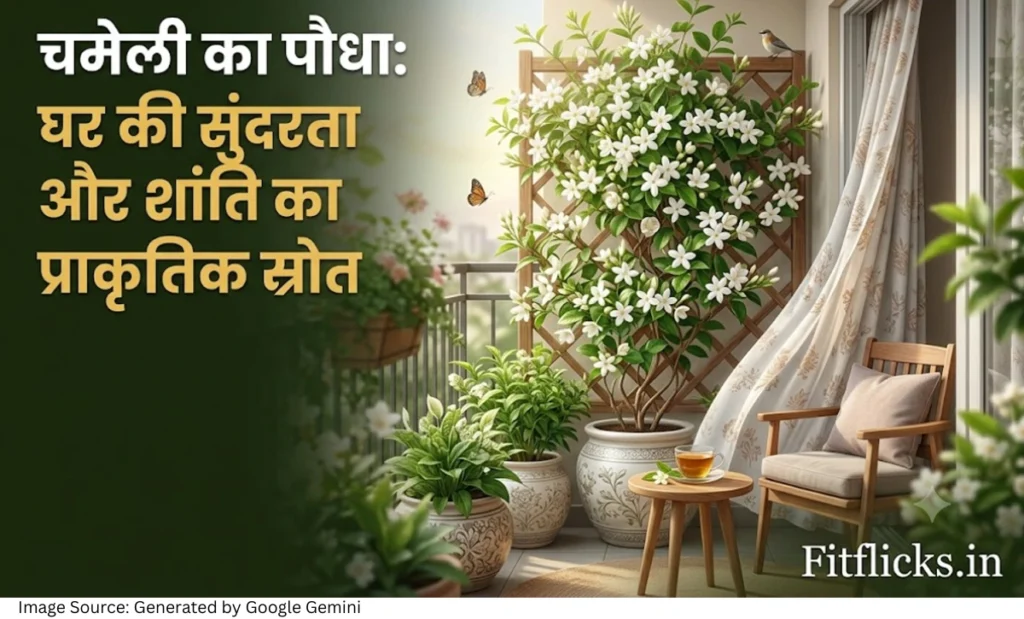 घर की बालकनी में खिला हुआ चमेली का पौधा जिसमें सफेद फूल, हरे पत्ते और शांत प्राकृतिक वातावरण दिखाई दे रहा है।