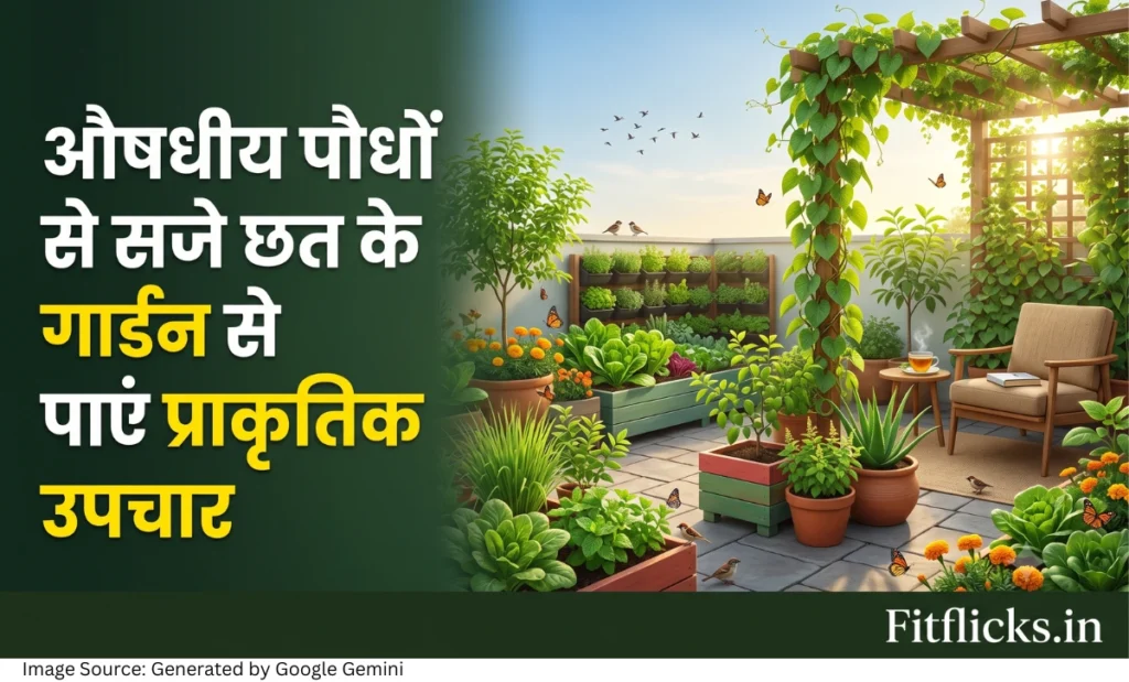 भारतीय घर की छत पर बना औषधीय पौधों से सजा रूफ गार्डन जिसमें तुलसी, एलोवेरा, गिलोय, नीम, मोरिंगा और अन्य हर्बल पौधे दिखाई दे रहे हैं।