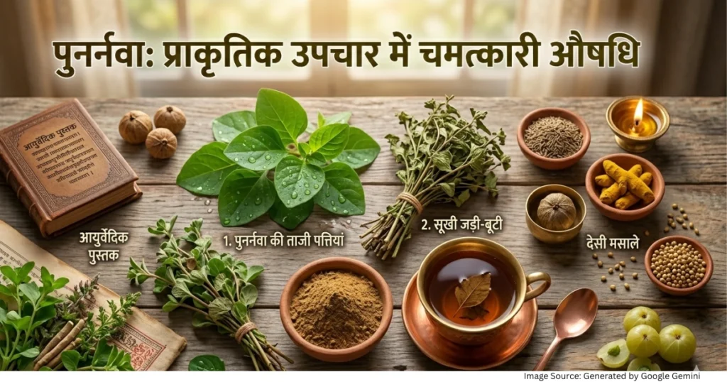 “फ्लैट ले फोटोग्राफी स्टाइल में सजाई गई पुनर्नवा आयुर्वेदिक जड़ी-बूटी को दर्शाती फीचर्ड इमेज”