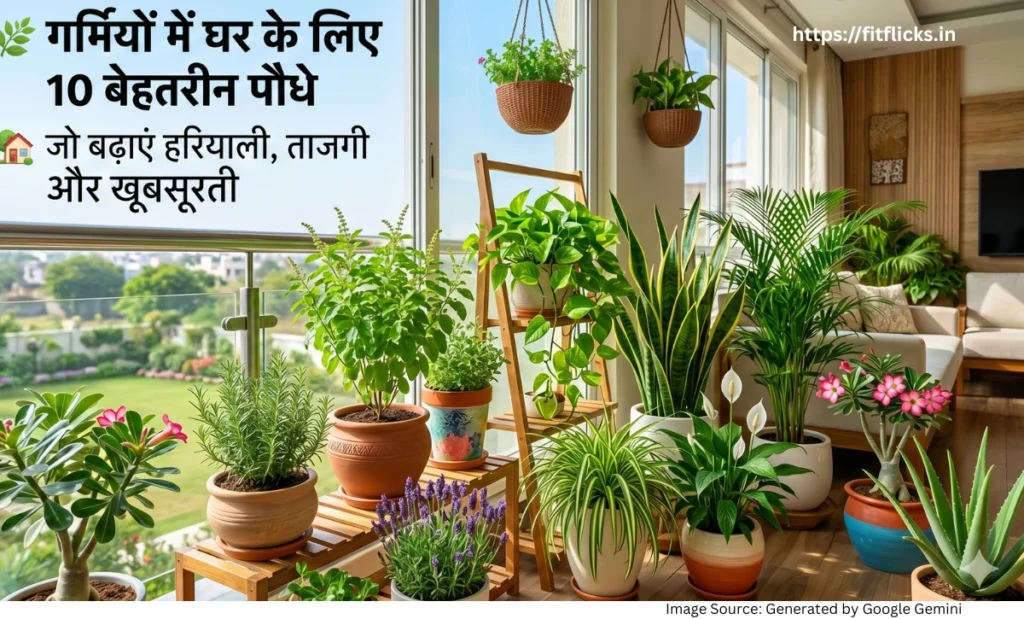 गर्मियों में घर और बालकनी के लिए उपयुक्त 10 बेहतरीन पौधों को दर्शाती आकर्षक फीचर्ड इमेज।