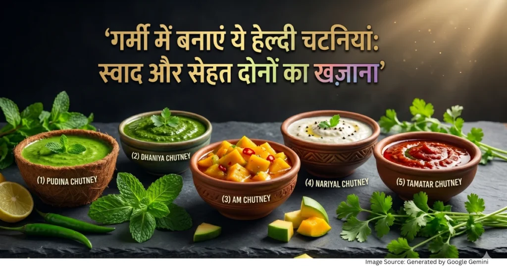 “डार्क बैकग्राउंड पर रखी विभिन्न हेल्दी गर्मियों की चटनियों को दर्शाती प्रीमियम फूड इमेज”