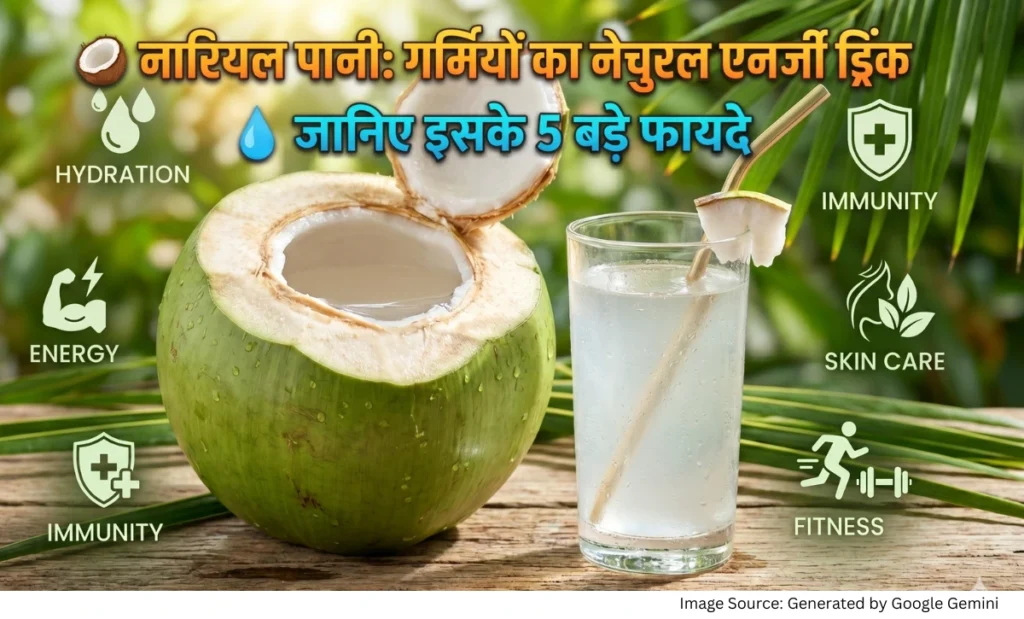 गर्मियों में नारियल पानी के स्वास्थ्य लाभ दिखाती हुई ताजा हरे नारियल और नारियल पानी की फीचर्ड इमेज।