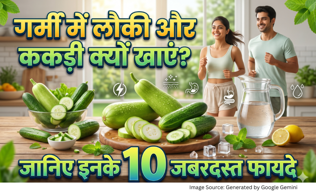 "गर्मी में लौकी और ककड़ी खाने के फायदे दिखाती हुई हेल्दी फूड इमेज"