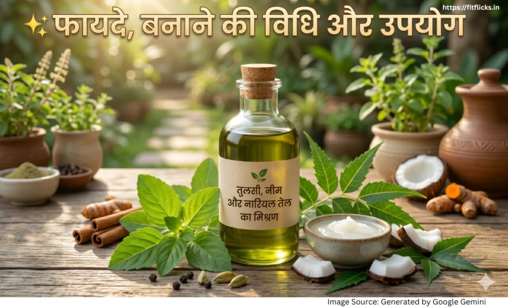 तुलसी, नीम और नारियल तेल से बने प्राकृतिक मिश्रण की इमेज जो इसके स्वास्थ्य और त्वचा देखभाल लाभों को दर्शाती है।