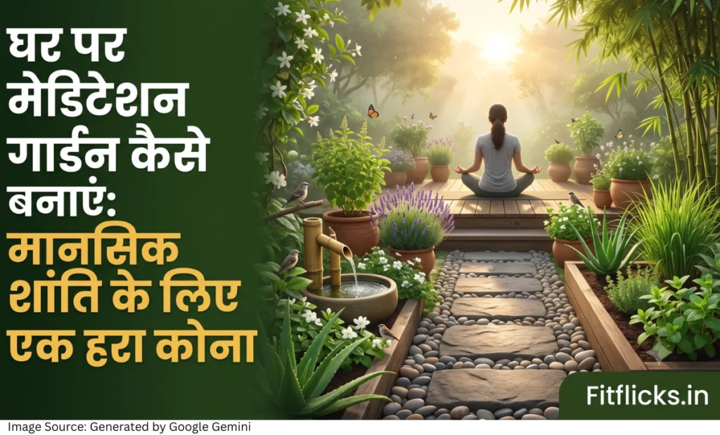 घर के सुंदर मेडिटेशन गार्डन में ध्यान करता हुआ व्यक्ति, चारों ओर हरे पौधे, तुलसी, लैवेंडर, चमेली और शांत प्राकृतिक वातावरण।