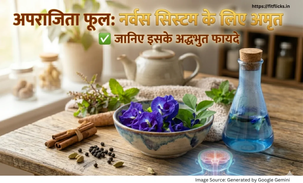 अपराजिता फूल और इसकी हर्बल चाय की इमेज जो नर्वस सिस्टम के स्वास्थ्य लाभों को दर्शाती है।