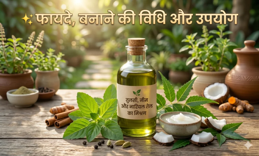 तुलसी, नीम और नारियल तेल से बने प्राकृतिक मिश्रण की इमेज जो इसके स्वास्थ्य और त्वचा देखभाल लाभों को दर्शाती है।