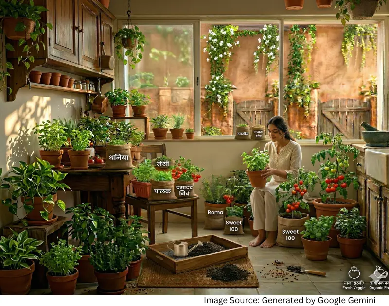 Growing tomatoes and green vegetables in balcony garden pots