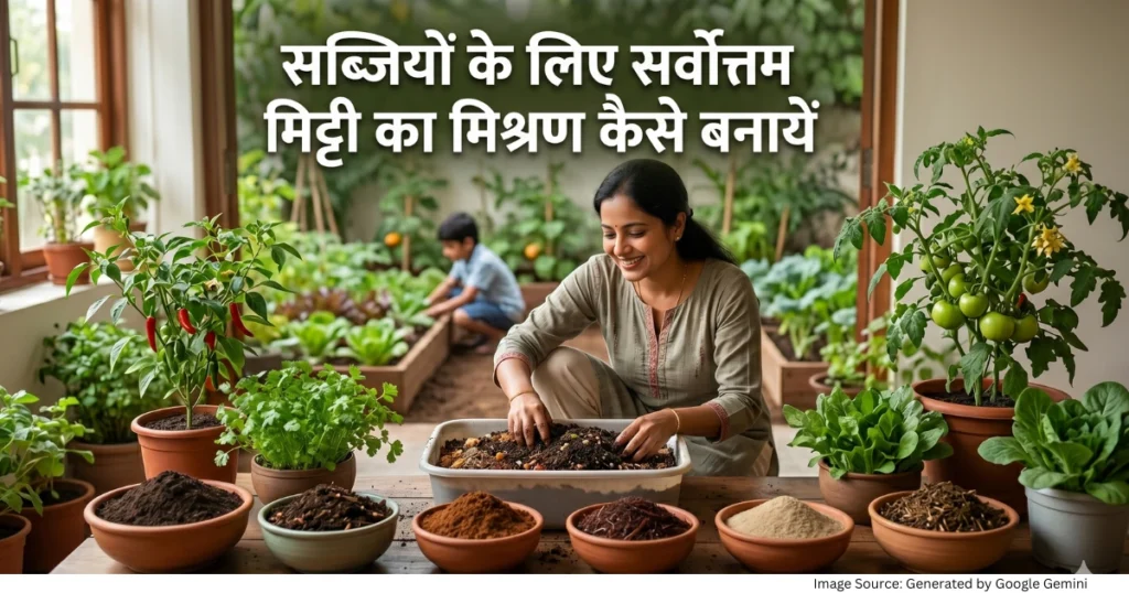 “सब्जियों के पौधों के लिए मिट्टी का मिश्रण तैयार करते हुए व्यक्ति को दर्शाती गार्डनिंग फीचर्ड इमेज”
