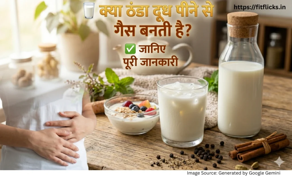 ठंडे दूध और पाचन स्वास्थ्य से जुड़ी जानकारी दिखाती हुई हेल्थ ब्लॉग फीचर्ड इमेज।