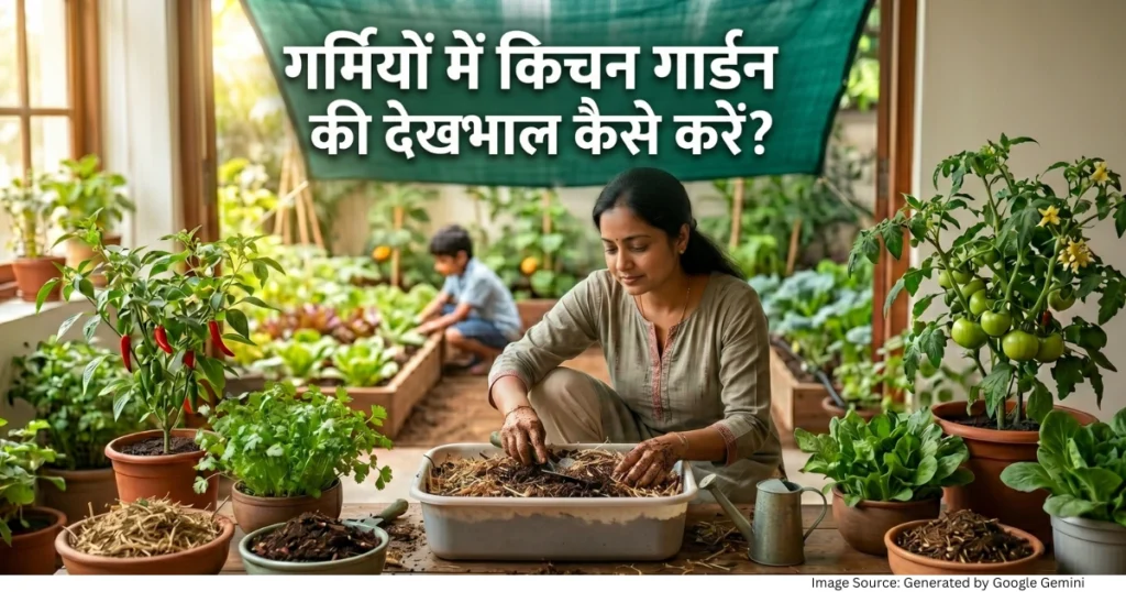 “गर्मियों में किचन गार्डन की देखभाल करते हुए व्यक्ति को दर्शाती गार्डनिंग फीचर्ड इमेज”
