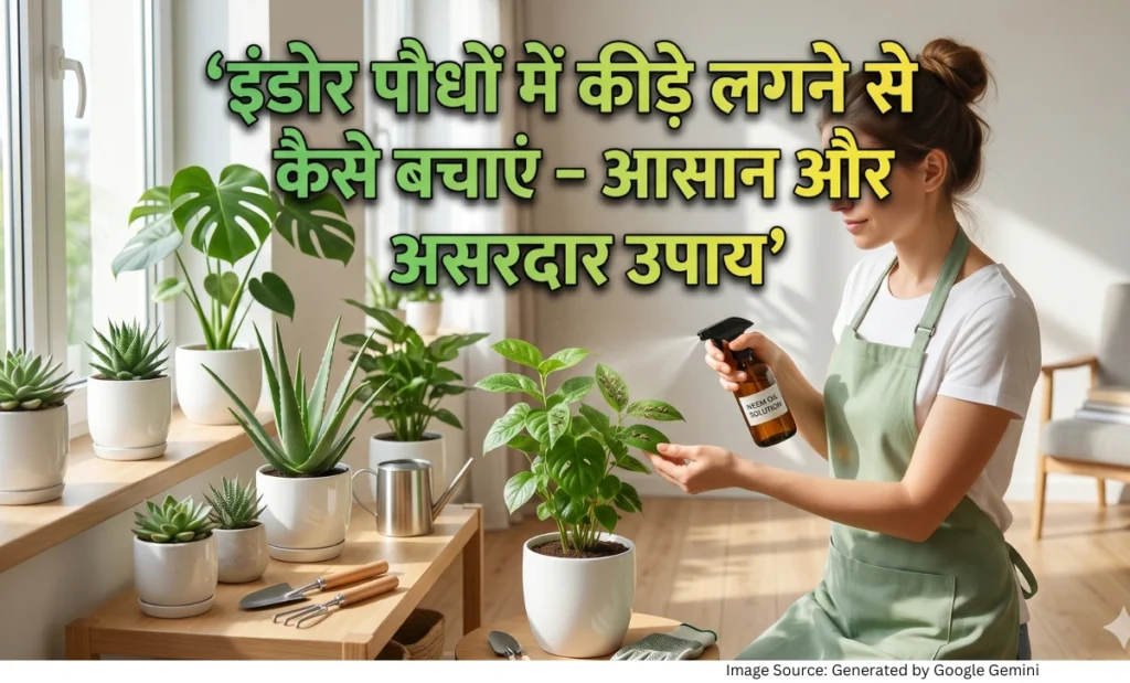 इंडोर पौधों में कीड़े लगने से बचाने के लिए नीम ऑयल स्प्रे करते हुए व्यक्ति की इमेज