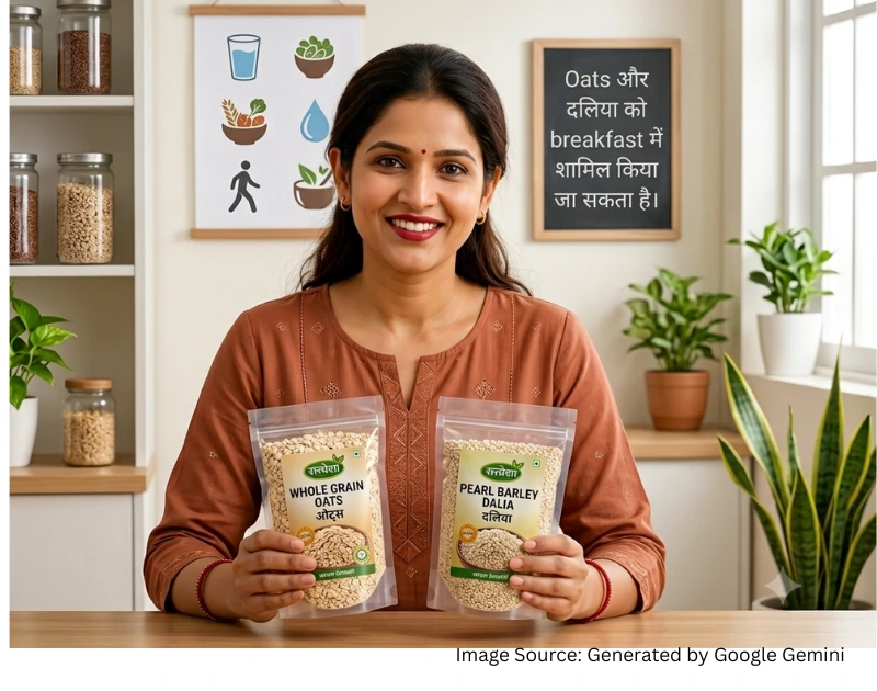 कब्ज से बचने के लिए दलिया और oats चुनती महिला