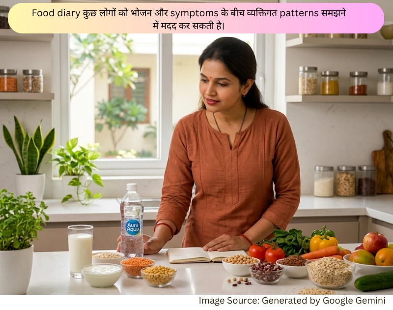 पेट फूलने के संभावित food triggers को नोट करती महिला