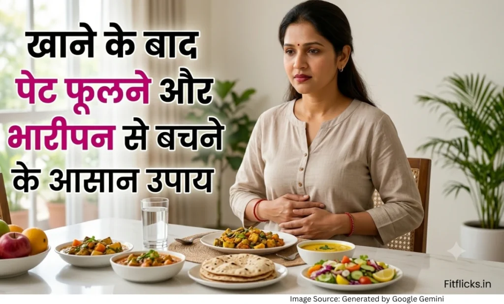 खाने के बाद पेट फूलने और भारीपन की समस्या महसूस करती महिला