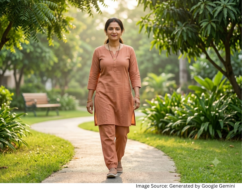 सुबह हल्की walking करती महिला